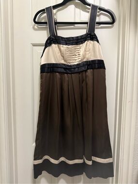 BCBG Colorblock Satin Cocktail Mini Dress | Brown Champagne Black 10